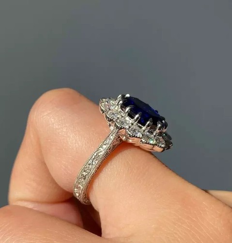 Natürlicher Saphir-Diamant-Ehering 4,56 kt Ovalschliff 14 K Weißgold Größe 6 7 8 - Bild 4 von 8