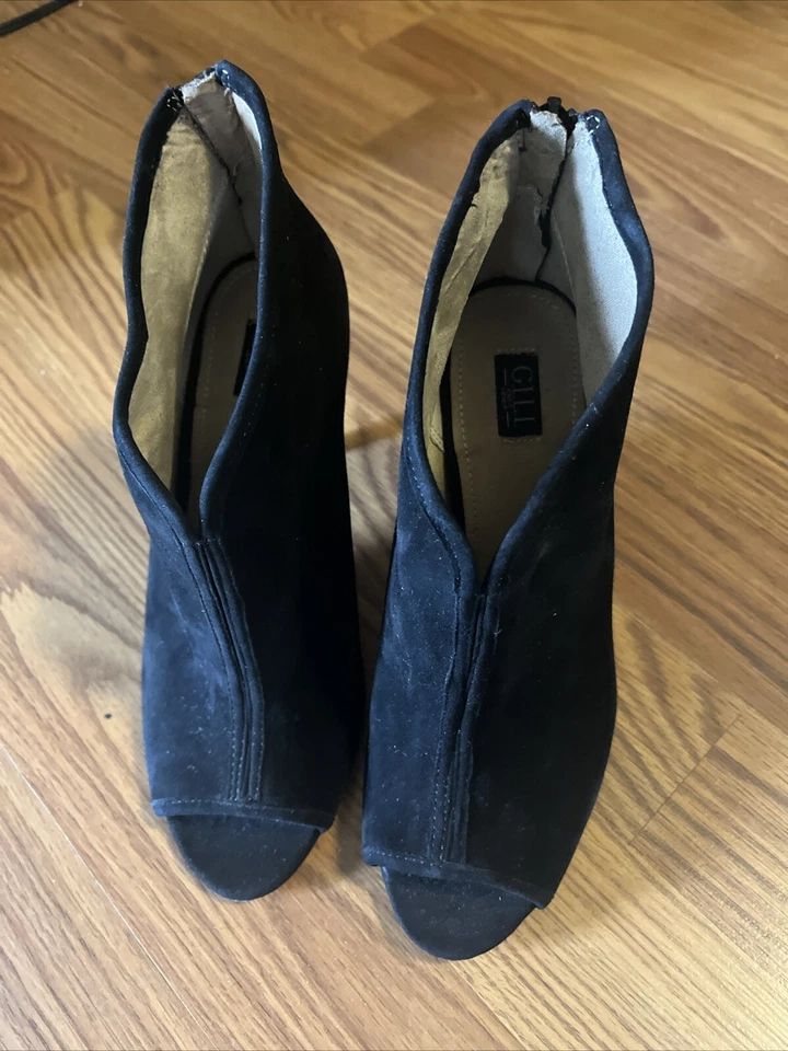 G.I.L.I. Peep Toe Cremallera Trasera - Botines Cuero Superior Negro Gamuza Talla 6M Foto 2 de 4