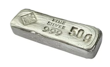 BeKo Precious Metals 50 Gram Silver Bar - Long Bar 999 Fine Silver Cast Bar