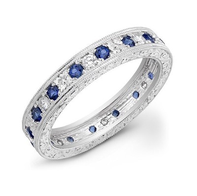 18K Engraved Gold Band With Diamonds and Sapphires 0,76 Total Carats