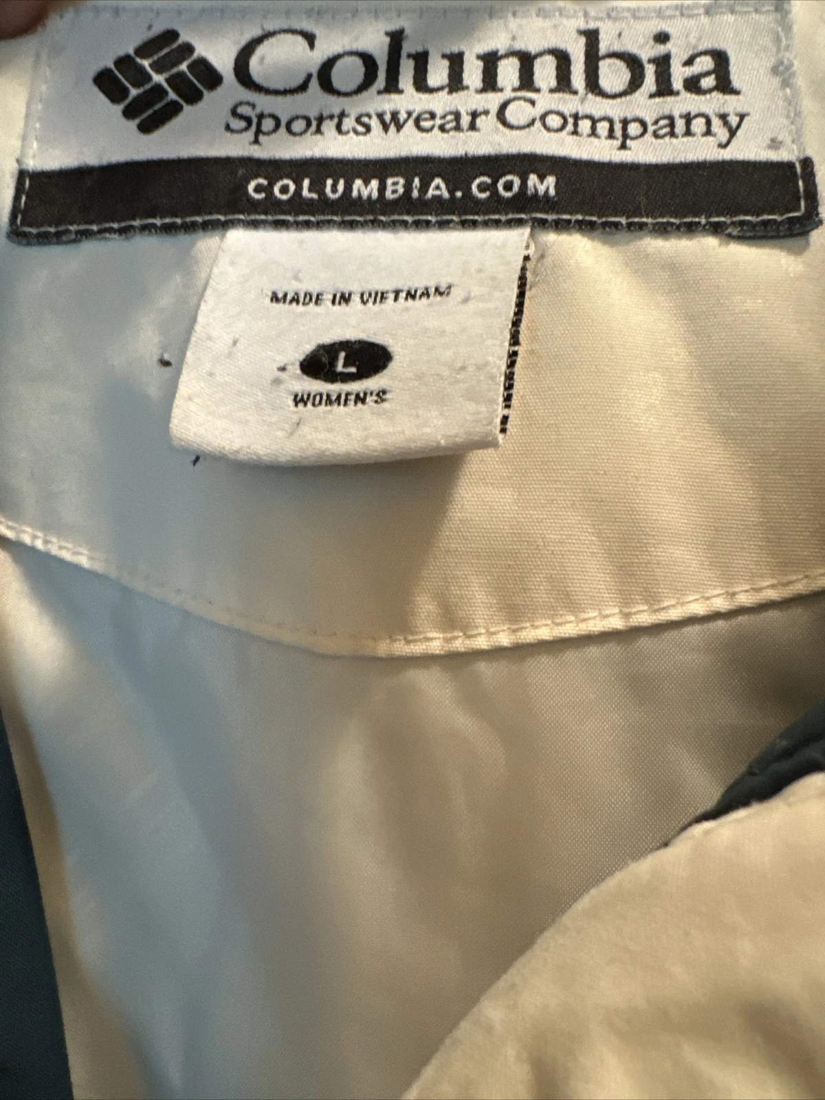 OFF WHITE Giacca donna Columbia vintage taglia L con cappuccio blu e bianco bianco sporco.