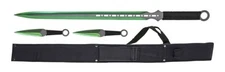 3pc 27" Machete Set w 2x Throwing Knives Nylon Sheath Case 440 Steel Green Black