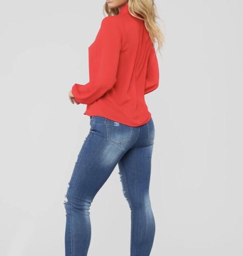 Fashion Nova Tie Neck Blouse Red - Picture 4 of 7