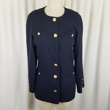 Marella Worsted Wool Navy Blue Collarless Jacket Blazer Womens 8 Crest Buttons