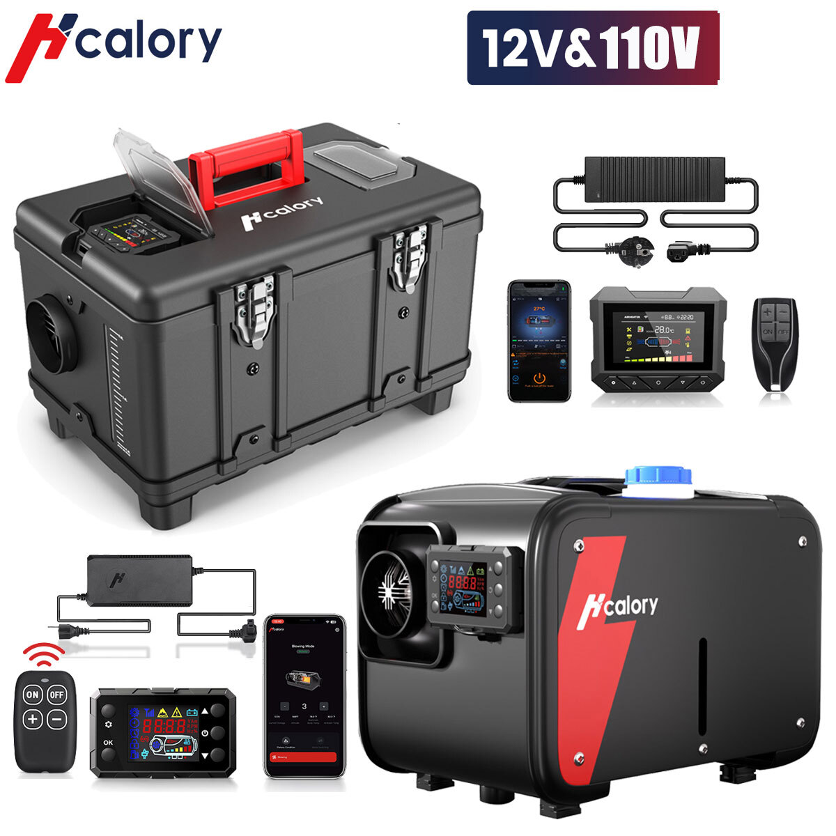 Hcalory® bluetooth Diesel Air Heater 12V 24V 5KW-8KW W/ AC Adapter For VAN RV