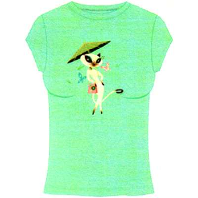Authentic FRENCH KITTY T-shirt Asian Umbrella Cat green graphic tee mighty fine