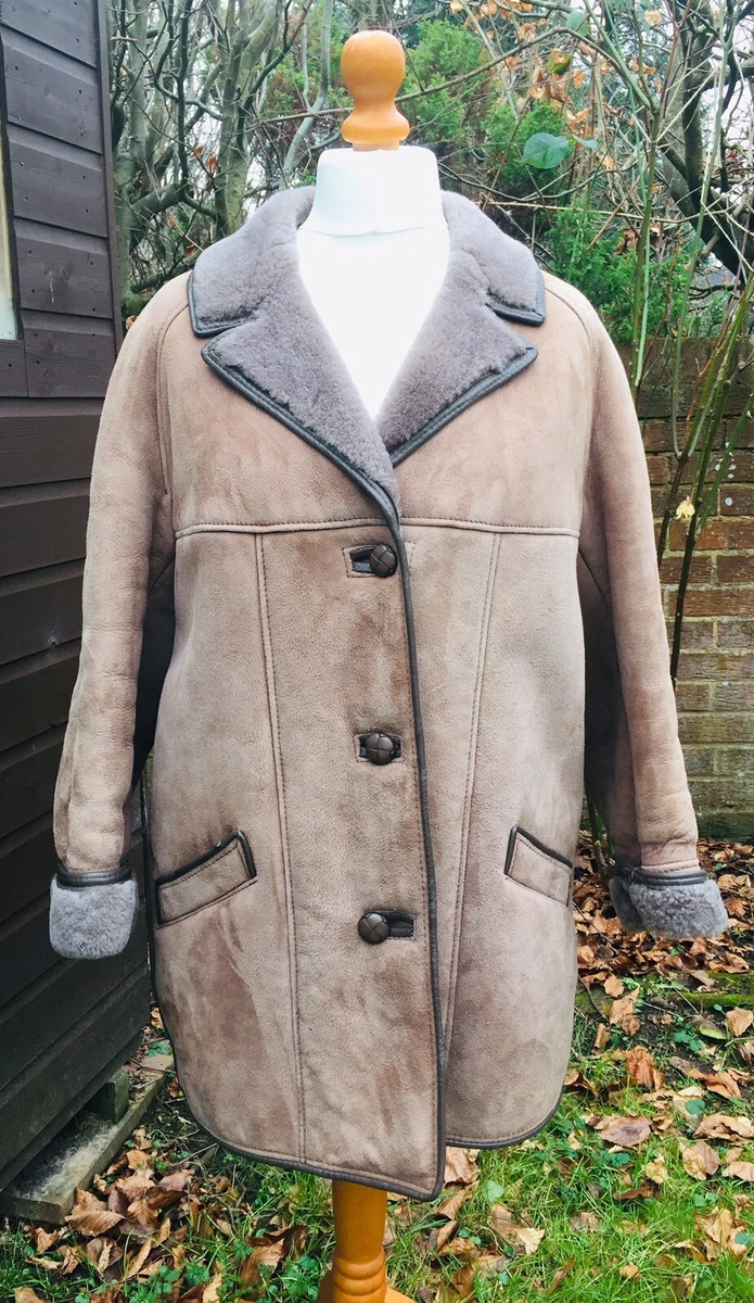 Vintage Sheepskin Coat The Sheepskin Warehouse GB Brown Grey UK 16 VGC