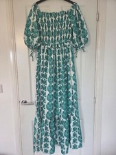 ALLYSON GREEN WHITE PRINT OFF SHOULDER BARDOT LONG FLOATY SUMMER MAXI DRESS - M