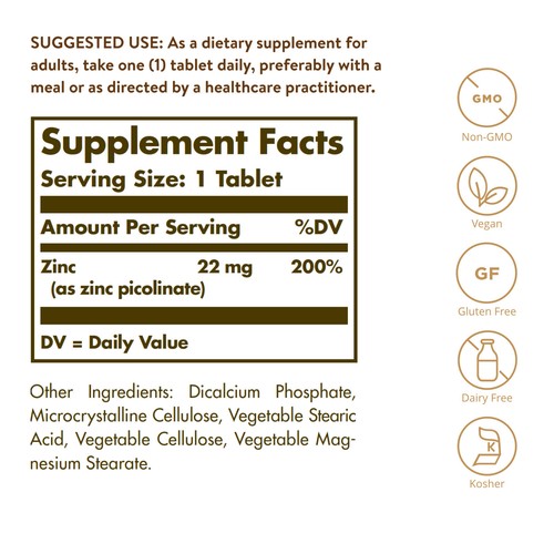 Solgar Zinc Picolinate 22 mg 100 Tablets - Picture 2 of 4