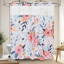 No Hook Floral Shower Curtains with Washable Snap-In Liner 71Wx74L"