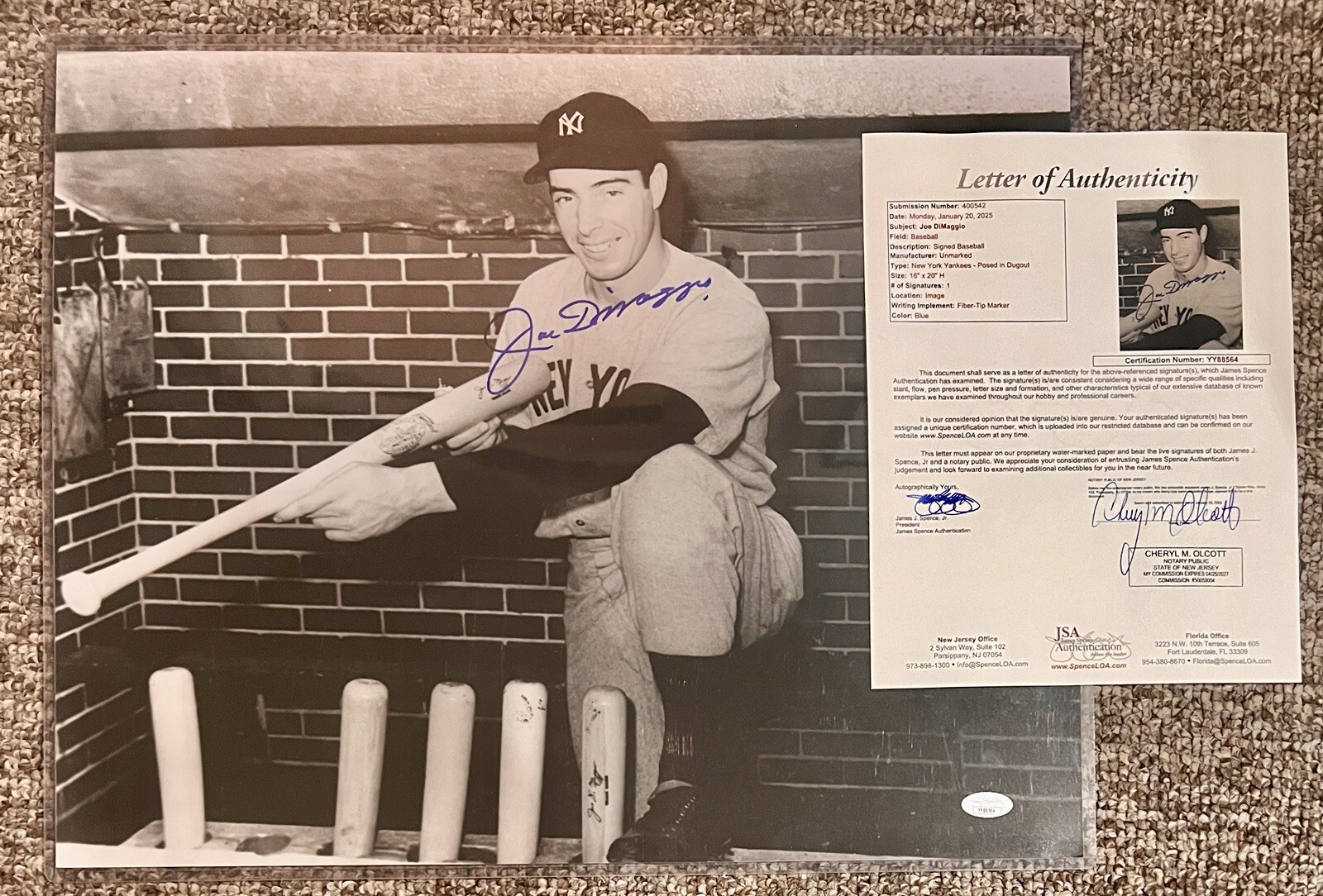 Joe DiMaggio Autographed Signed New York Yankees 16x20 Photo JSA Full Coa NY Yankees HOF Baseball 