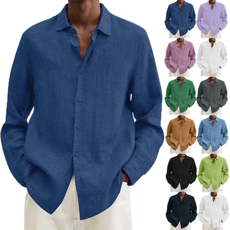 Men's Cotton Linen Long Sleeved Shirt Solid Loose Button Top T-Shirt Shirt