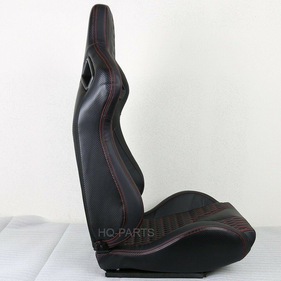 2X TANAKA ALL BLACK PVC LEATHER RACING SEATS RECLINABLE DIAMOND STITCH