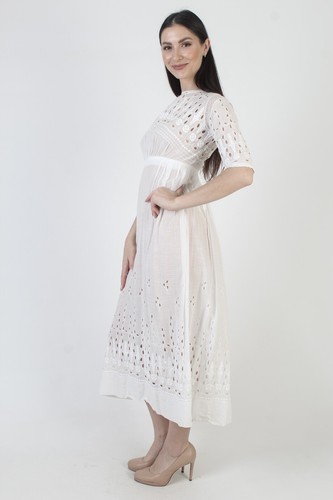 Vintage 1900s Edwardian Dress 20s Cotton Embroidered Eyelet Victorian Tea Gown - Picture 5 of 7