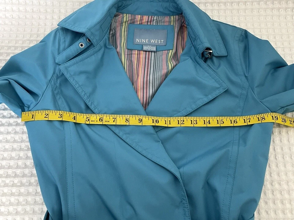 Chaqueta Abrigo Nine West Mujer Forrada Azul/Verde azulado Invisible A Presión y Cinturón Talla S/P Foto 4 de 4