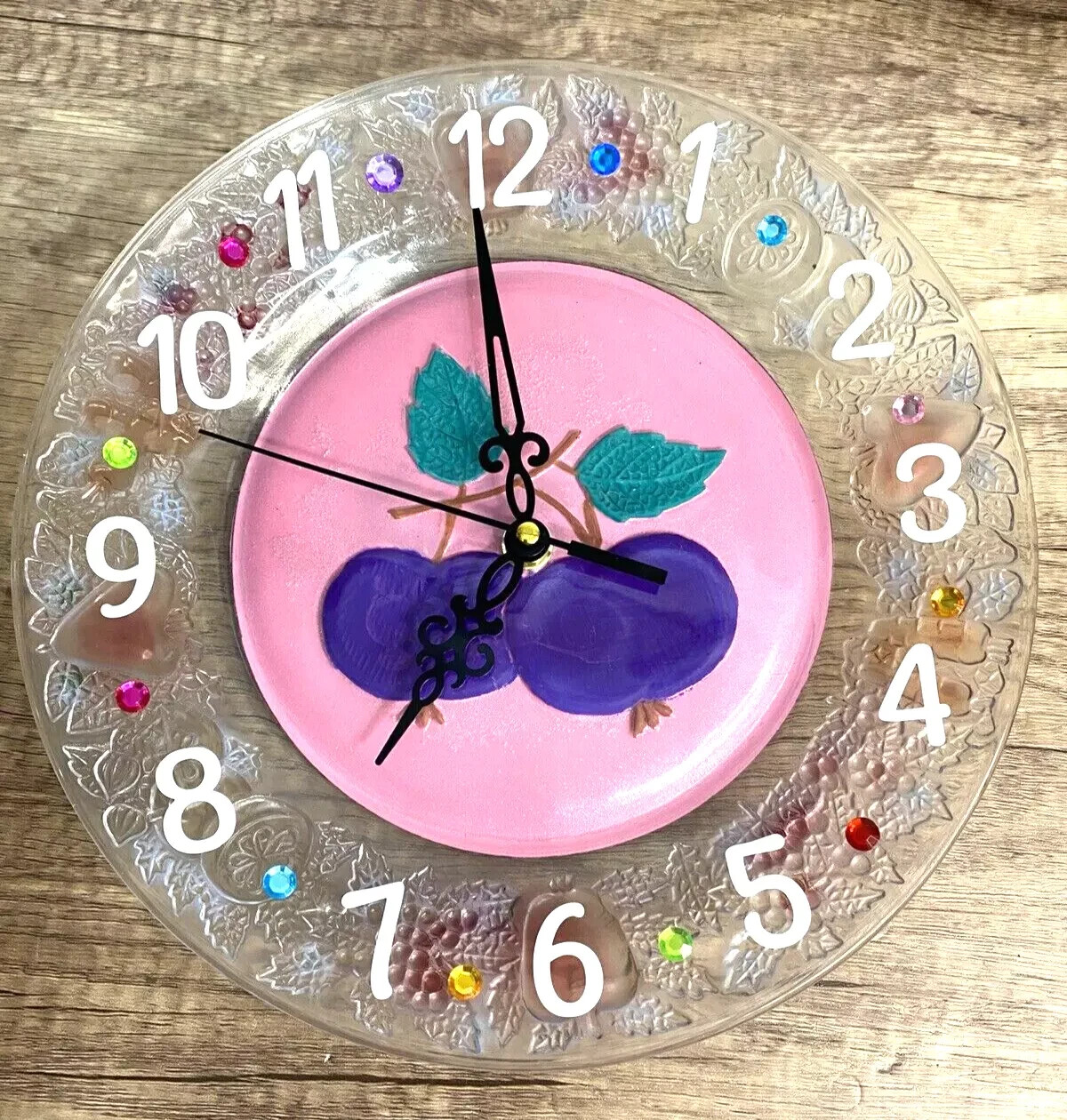 Handmade 10-Inch Floral Painted Glass Wall Clock Silent Sweep Mechanism  