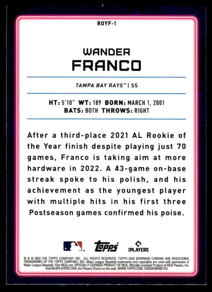 2022 Bowman Rookie of the Year Favorites Wander Franco Tampa Bay Rays #ROYF-1 - Image 2 of 2