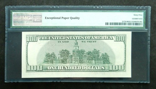 $100 2003 A, PMG 65. Very low serial 00000444. Binomial fancy, 4 repeater. UNC - Picture 2 of 2