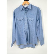 Vtg Wrangler Western Shirt Men XL Blue Chambray Pearl Snap Cowboy Workwear USA