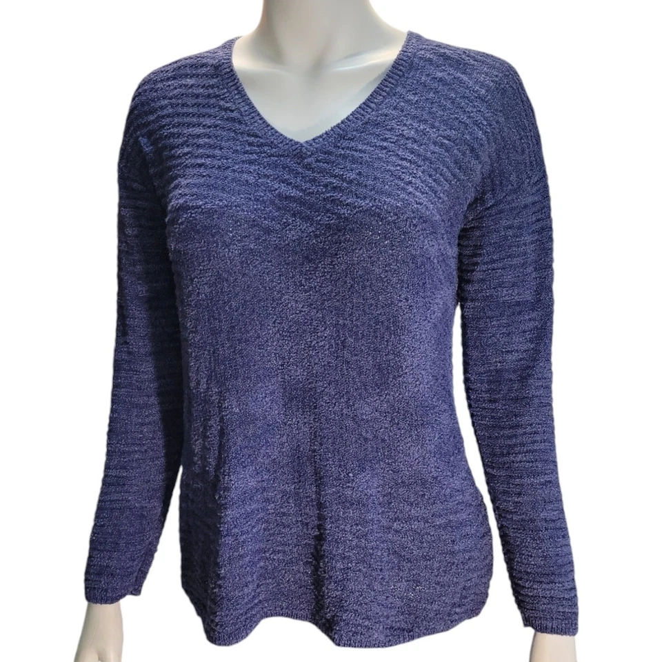 Calvin Klein Blue V-Neck Semi-Sheer Knit Chenille Sweater Women's Medium Neutral - Image 3 of 4
