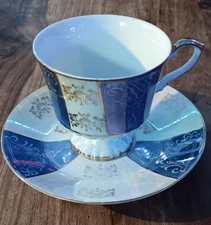 Vtg Blue Pearlescent Lusterware Footed Tea Cup and Saucer