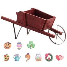 Wood Wagon Planter Decorative Indoor/Outdoor Rustic Flower Cart with Wheel Red