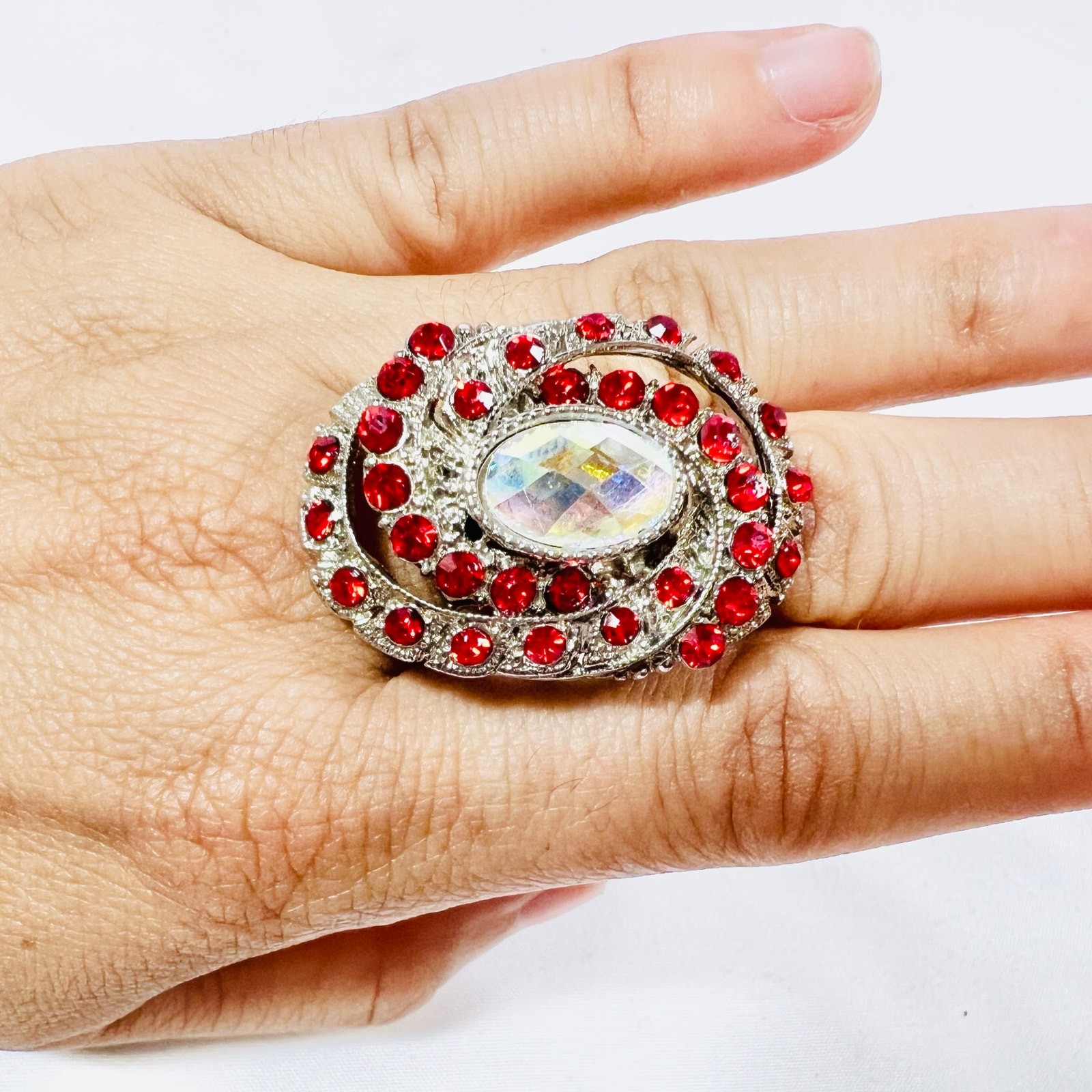 Extra Large Red Ruby Swirl Ring Crystal Diamond S… - image 1