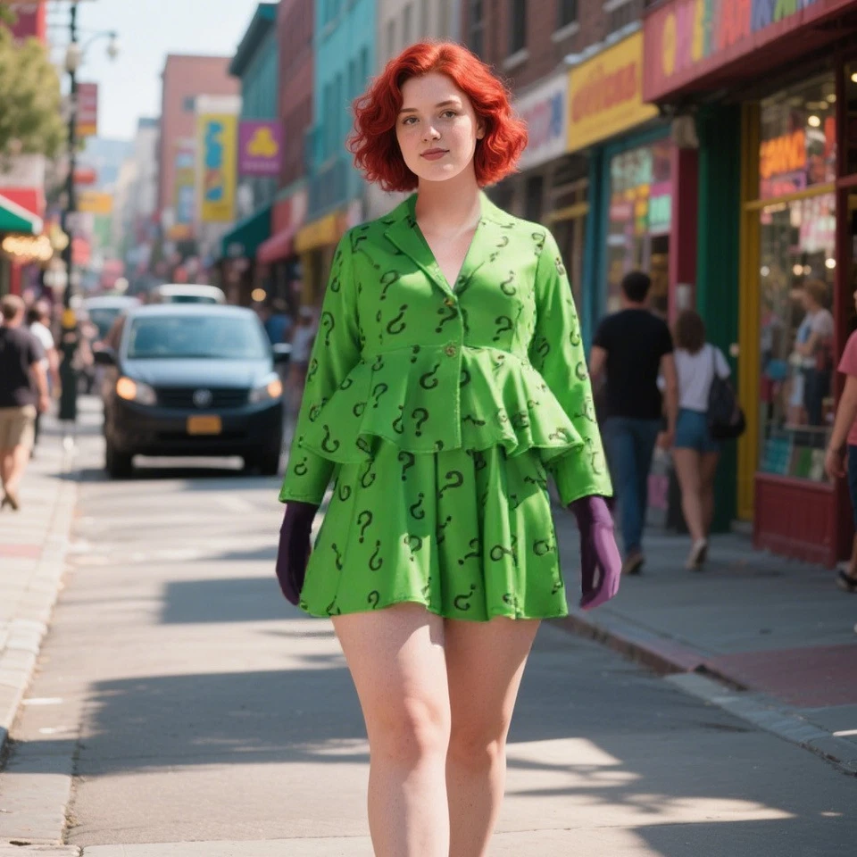 Woman Riddler Cosplay Costume Gotham Green Coat Skirt Hat Green Riddler Outfit  - Image 3 of 4