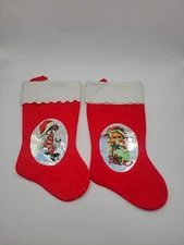 Set Of 2 Santa’s Best Vintage Kitten/Puppy Christmas Felt Stocking Red Hologram