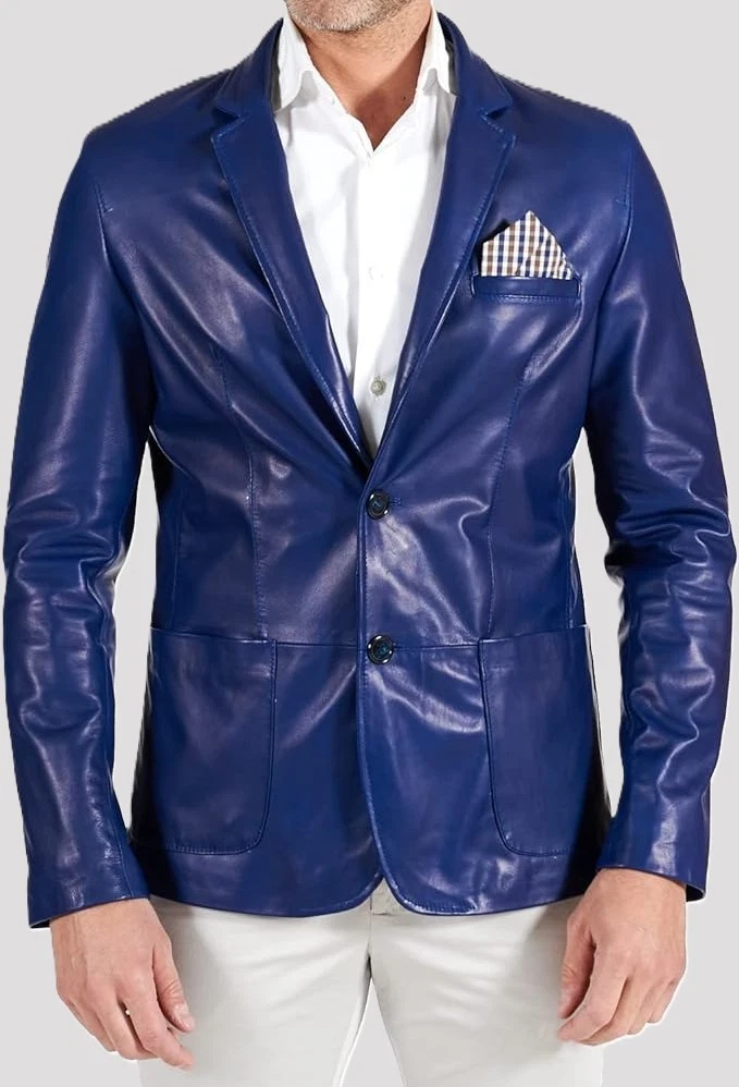 Classic Blue Real Lambskin Leather Blazer For Men Two Button Casual Formal Coat