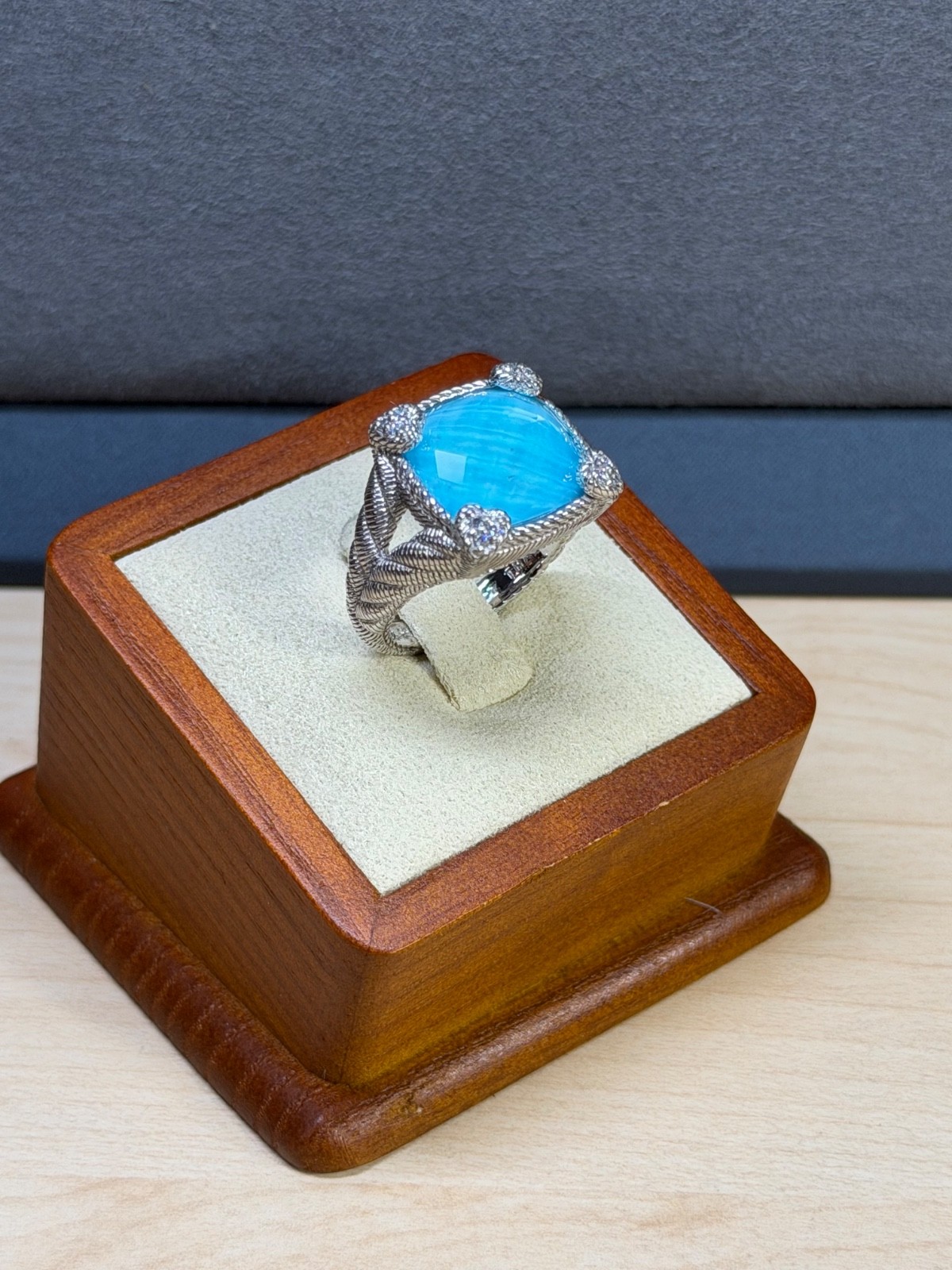 JUDITH RIPKA Sterling Silver Turquoise Quartz Doublet Diamonique CZ Ring Size 7