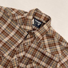 VTG Wrangler Shirt Cowboy Cut Pearl Snap Plaid Western Brown Mens 15.5 USA