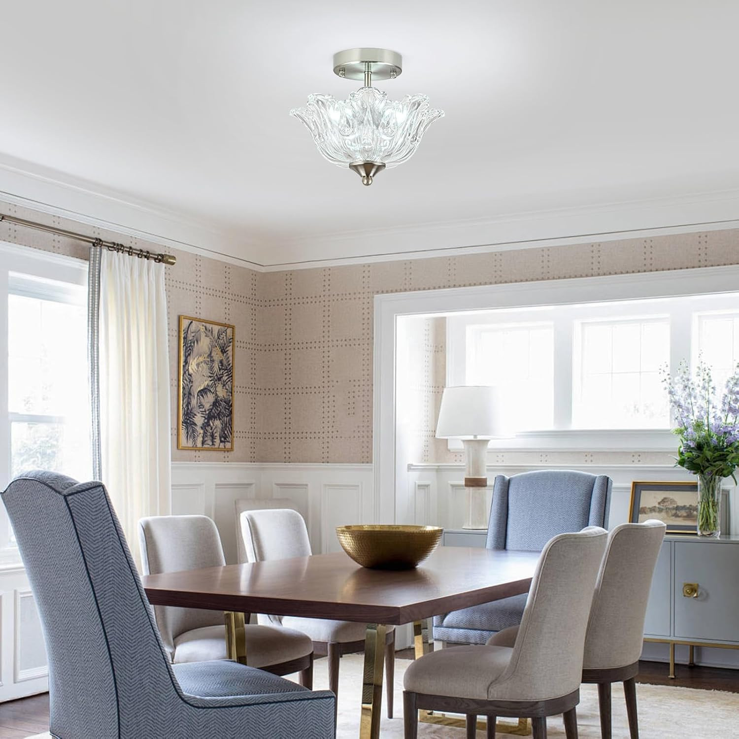 Brushed Nickel Semi Flush Mount Light with Floral Glass Shade for Modern Spaces