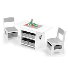Kids Table and 2 Chairs Set 2-in-1 Plastic Building Blocks-Compatible Grey