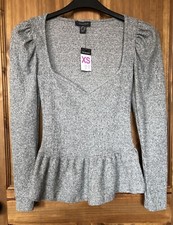 Grey marl ribbed peplum top with sweetheart neck, 6-8 XS, BNWT