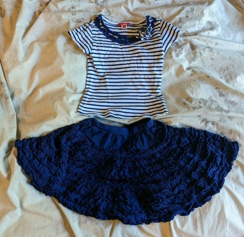 Onekid Boutique Girls Top & Ruffled Skirt Outfit Set, Blue & White Striped, 5-6