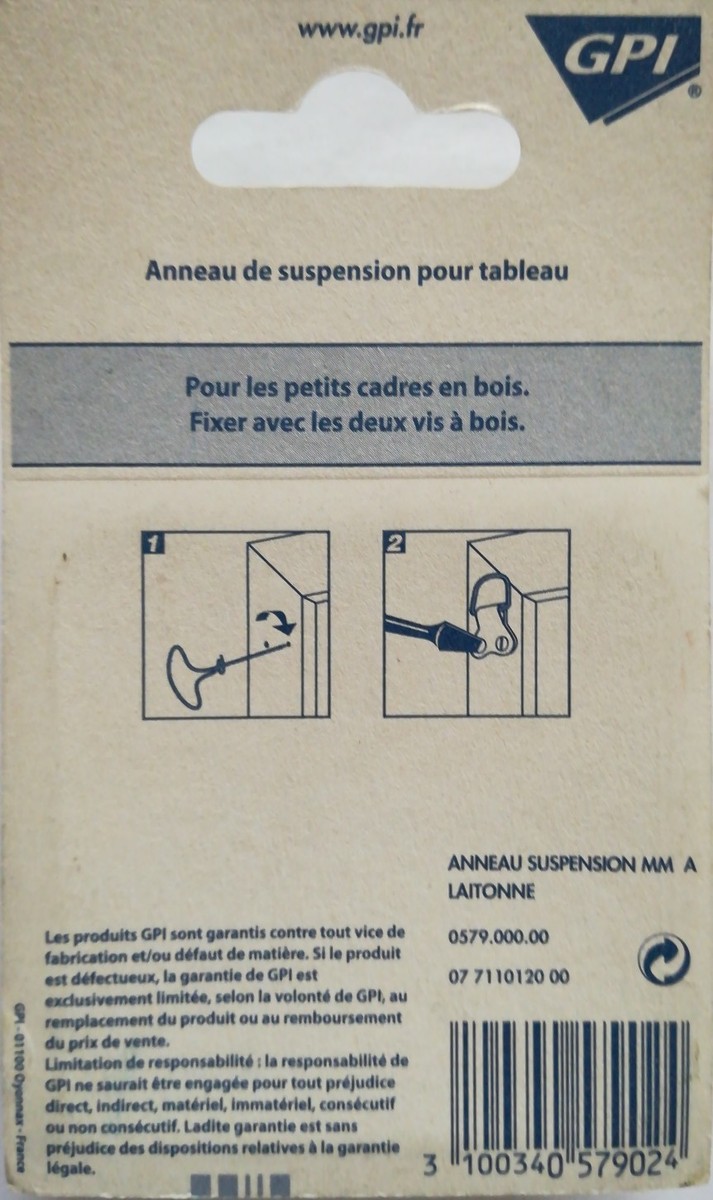 Lot De 4 Anneaux De Suspension Pour Cadres, Charge 8 Kg, Laitonné, GPI, Neuf
