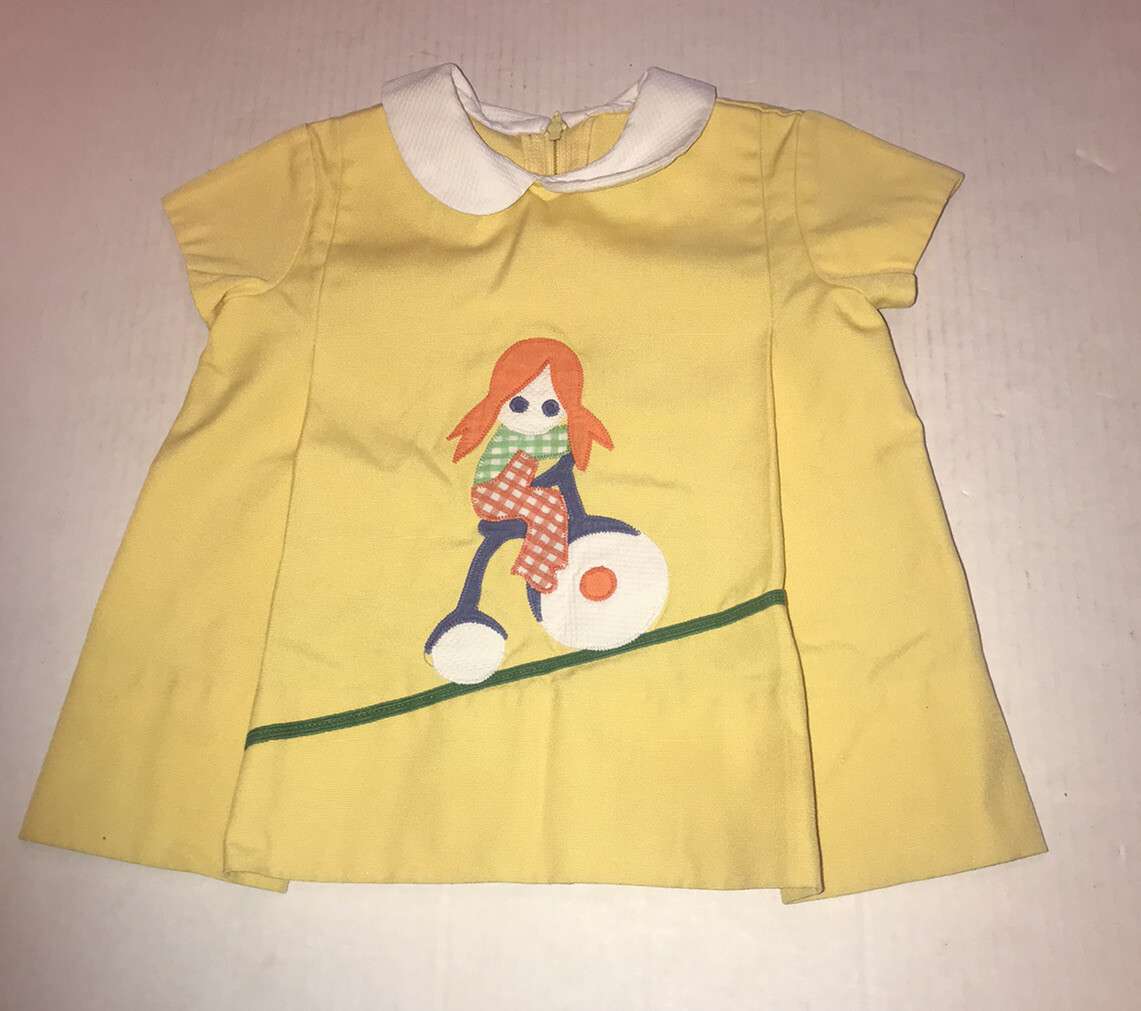 Vintage Saks Fifth Avenue Yellow Embroidered Mod Style Baby Dress Sz 2T  1960s