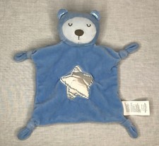 Stepping Stones Blue Bear White Satin Star Lovey Knotted Corners Blanket Plush