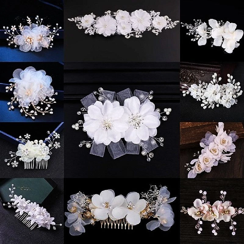 Tocados de novia de perlas sintéticas-horquillas florales de encaje blanco accesorios para el cabello de boda Foto 2 de 4