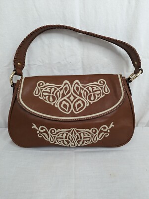 Vintage Antoni Melani Brown Embroidered Faux Leather/Leather Handbag 9X14