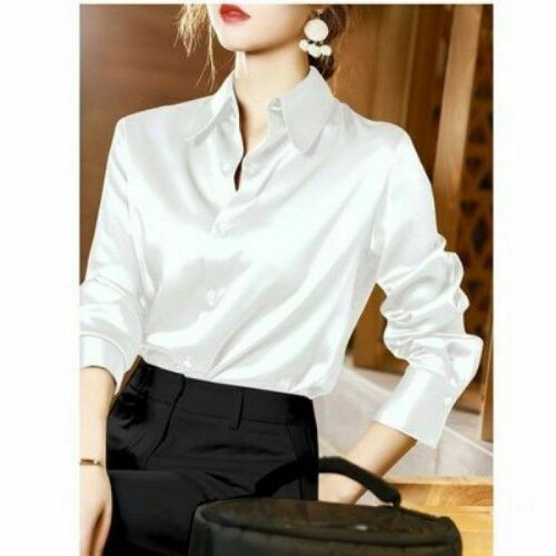 Womens Shiny Color Faux Silk Stand Up Collar Long Sleeve Shirt Button Blouse Top