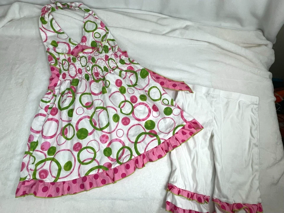 Spring Outfit Girls 11  White W/ Polka Dots Halter Dress Ruffle Pants Ann Loren - Image 2 of 4