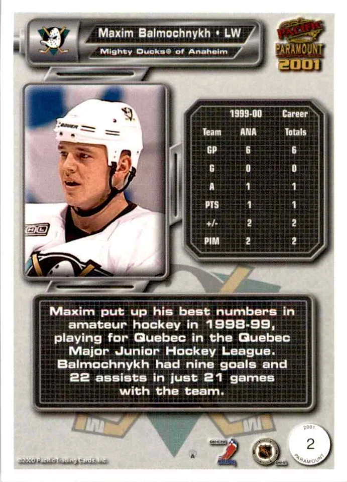 2000-01 Pacific Paramount Gold Maxim Balmochnykh #2 - Image 2 of 2