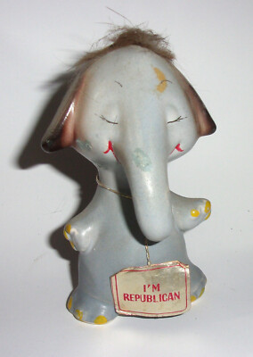 4'' ceramic hairy gray elephant figurine NORCREST Japan with I'm Republican tag