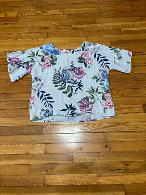 Laura Bianchi Top Womens Sz M 100% Linen Art To Wear Floral Butterfly Boho Gray