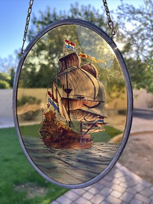 VINTAGE Decorative Hand Painted Glass Sun Catchers Ships Sailing Ocean  Galleon