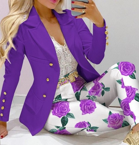 Women Casual Fashion Jacket and Pants Printing Suit Set Wedding Party Formal Set - Picture 15 of 51