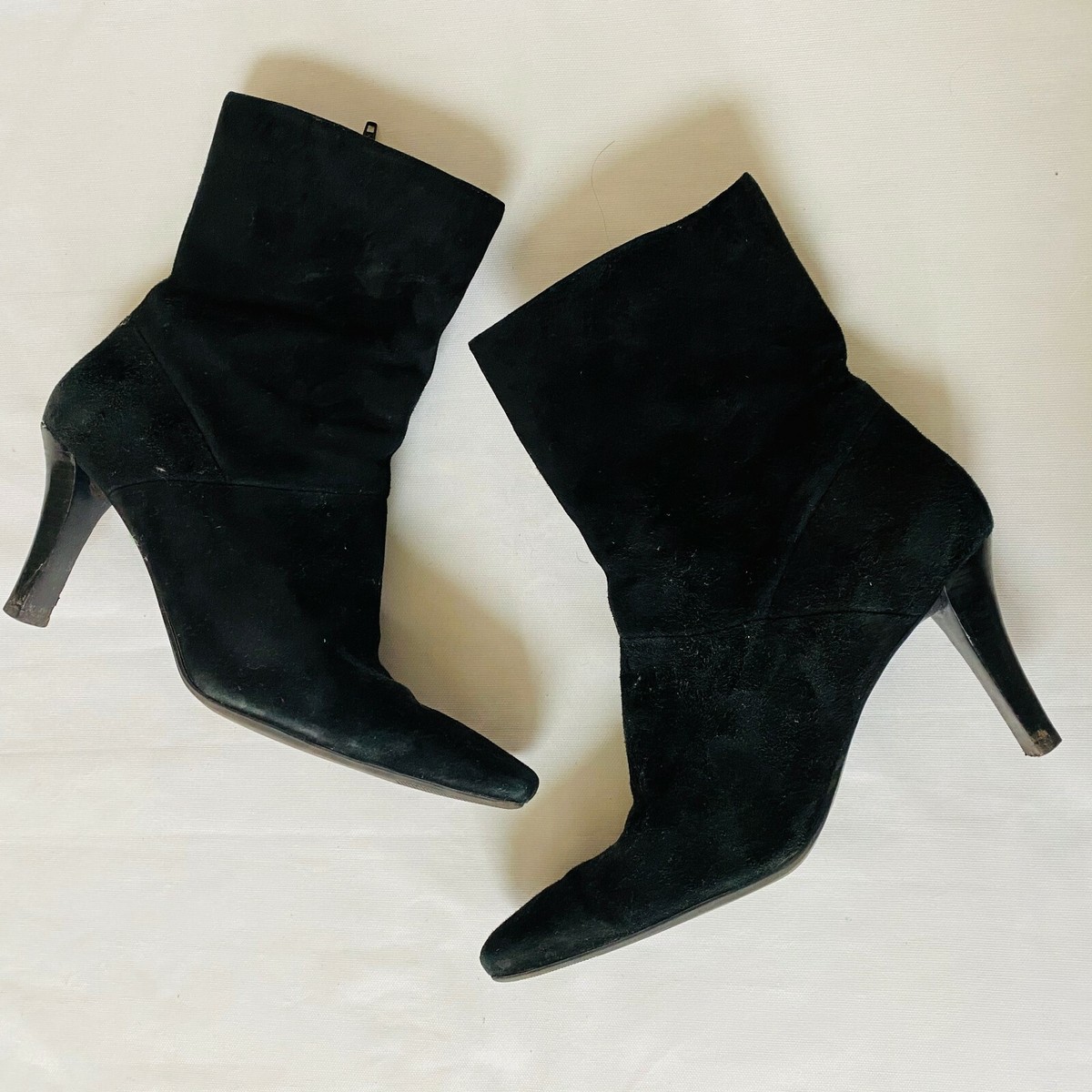 Nine West Women's Half Calf Boots Black Suede Heels Square Toe Flex Sole Sz 