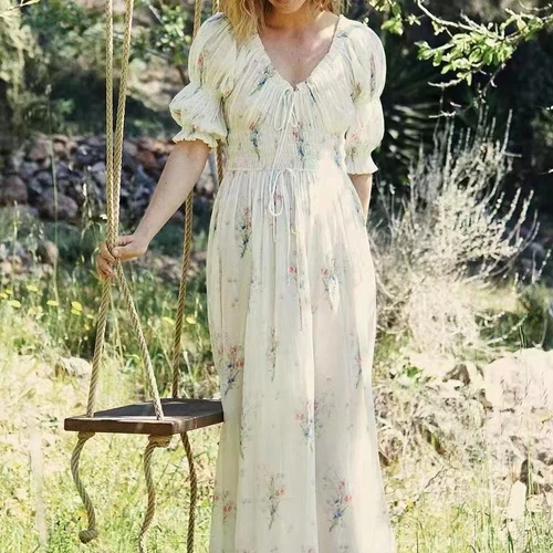 Vestido midi estampado floral manga corta de algodón orgánico 2025 para mujer - Imagen 3 de 10